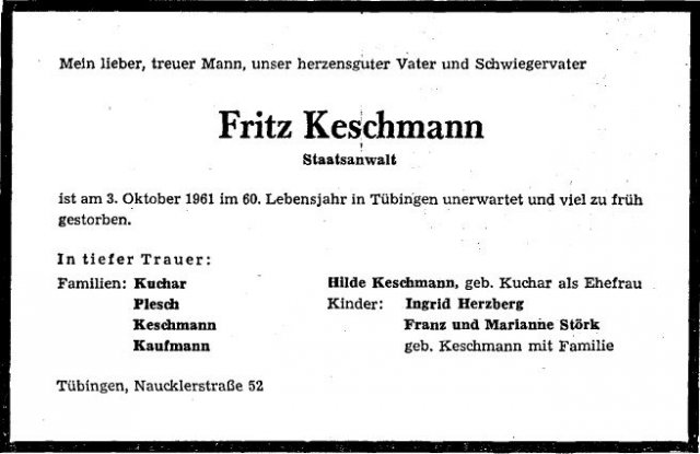 Keschmann Fritz 1902-1961 Todesanzeige